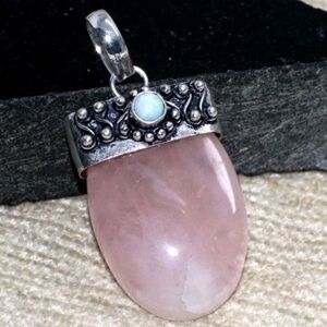 Rose Quartz, Larimar Gemstone 925 Sterling Silver Handmade Cap Pendant Necklace